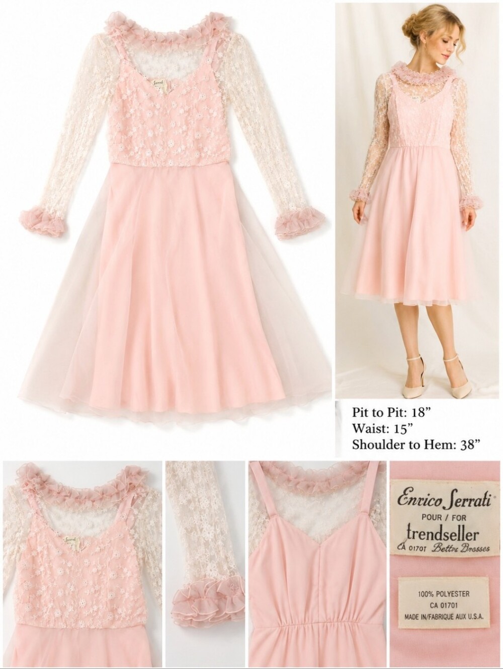Vintage 1970s Enrico Serrati Pink Lace & Chiffon Romantic Dress – Sheer Sleeves